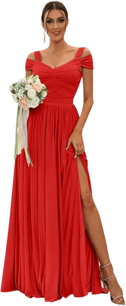 Women's Off The Shoulder Bridesmaid Dresses with Slit Long Chiffon Pleated A-Line Formal Evening Party Gowns 14 Red