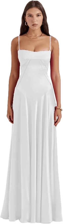 Women's Satin Off Shoulder Evening Dress Spaghetti Strap Scoop Neck Cocktail Party Dress 4 White