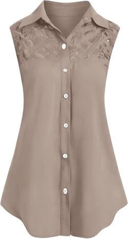 Women's Button Down Shirts Lace Patchwork Collared Sleeveless Tank Tunic Tops Casual Loose Work Office Tee Blouses 1-khaki Large