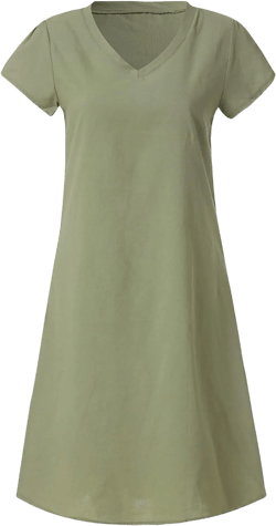 Women's Summer Cotton Linen Dress Loose V-Neck Short Sleeve T-Shirt Dress Solid Beach Dress Casual Maxi Dresses XX-Large #012 Green