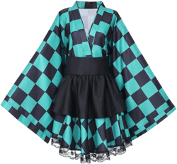 BIUTEY Kamado Tanjirou Outfit Cosplay Costume Anime women kimono Girl Uniform Dress Maid Outfit Set for Halloween X-Large Kimono Cosplay - Green