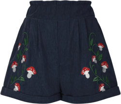 Women's Vintage Embroidery Corduroy Shorts 2024 Summer Elastic High Waist Wide Leg Folded Hem Casual Shorts with Pockets Small Navy