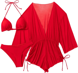 SHENHE Women's 3 Piece Bikini Swimsuit Set Halter Drawstring Bathing Suit with Beach Cover Up Red L