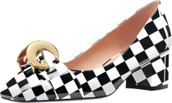 NobleOnly Women Mid Chunky Block Heel Square Toe Slip-on Pumps Office Casual Party Dress Basic Classic Shoes 2.0 Inches Heels 7.5 Black and White Plaid
