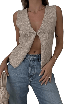 Sweater Tank Tops for Women Y2K Sleeveless Basic V Neck Crochet Knit Vest Sexy Button Down Crop Tank Top Streetwear B-oatmeal Medium