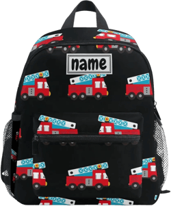 Custom Kid's Name Backpack, Fire Fighters Red Fire Truck Toddler Backpack for Daycare Travel, Personalized Name Preschool Bookbags for Boys Girls