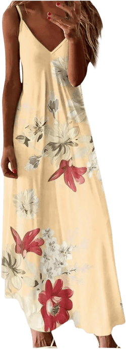 Women 's Summer Spaghetti Strap Elegant Long Dresses Plus Size Vacation Flowy Beach Dress Loose Floor Length Dress Beach Dresses for Women Beige 2X