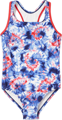 Speedo Girl's Swimsuit One Piece Closed Racerback 7 Tie Dye Red/White/Blue