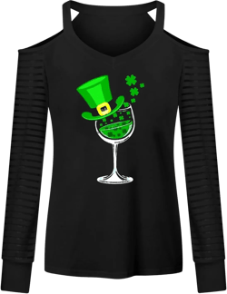 SMIDOW Daily Deals of The Day Prime Today only Womens Long Sleeve Saint Patricks Day T Shirt Ireland Clover Print Cold Shoulder Loose Blouse Tops Sexy Tunics Black L