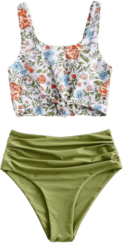 ZAFUL Women's High Waisted Tankini Swimsuit Scoop Neck Ruched Bikini Set Tummy Control 2 Piece Bathing Suit Small Green Onion