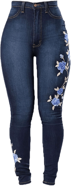 Andongnywell Jeans Women Chic Floral Embroidery High Waist Butt Lift Stretch Denim Pants Slim Sexy Skinny Jegging Trousers Small Blue