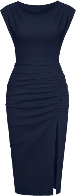 IHOT 2025 Women's Mock Neck Side Slit Ruched Bodycon Cocktail Party Wedding Guest Midi Dress Small Navy