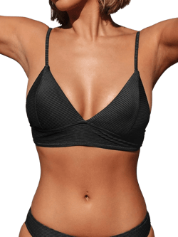 CUPSHE Bikini Top for Women Swimsuit V Neck Textured Bathing Suit Black Large