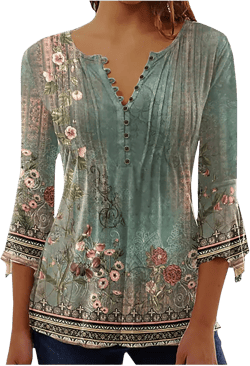 Summer Tops for Women 2024 Trendy Boho Floral Print Tunic Shirts 3/4 Bell Sleeve Button v Neck Tshirt Casual Loose Blouse #K01-army Green XX-Large