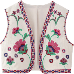 NUFIWI Women Vintage Embroidered Floral Vest Top Y2k Sleeveless Open Front Crop Vest Boho Floral Waistcoat Jacket Small A