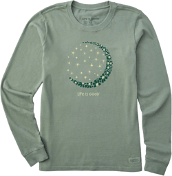 Life is Good Women's Crusher Tee, Long Sleeve Cotton Graphic T-Shirts, Crescent Moon Daisies Large Moss Green