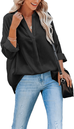 ANCAPELION Women’s Summer Chiffon Blouse Casual Short Sleeve V Neck Shirt Loose Printed Cuffed Sleeve Tunic Tops for Women Medium Aas Black