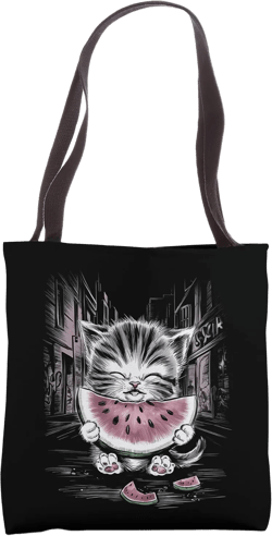 Watermelon Kitty in the Alley Cute Cat Design Tote Bag