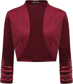 MINTLIMIT Women's Velvet Bolero Shrugs for Dresses Ruched 3/4 Sleeve Open Front Cocktail Party Cropped Cardigan at Amazon Women’s Clothing store