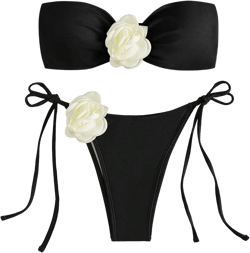 Lilosy Sexy Appliques Floral Flower Tube Bikini Tie Side String Thong Swimsuit Set