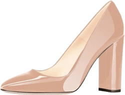 Fericzot Pumps Women Sexy Patent Leather Pointed Toe Block Heels Pumps Gorgeous Evening Party Wedding Stiletto Shoes Plus Size 9 Nude