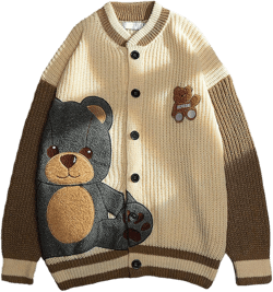 ebossy Womens Cute Bear Embroidery Knit Cardigans Casual Loose Button Down Drape Long Sleeve Varsity Sweater Jacket X-Small Apricot