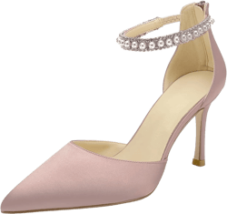 Pointed Toe Pearl Wedding Shoes for Bride White High Heels Satin Bridal Shoes Zipper Back Evening Party Dance Dresses Shoes Pumps for Women 9 Blush