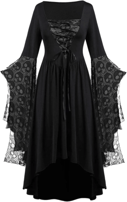Women Vintage Maxi Dresses Gothic Plus Size Skull Lace Print Halloween Party Dress Long Sleeve Bandage Swing Dress Large Black