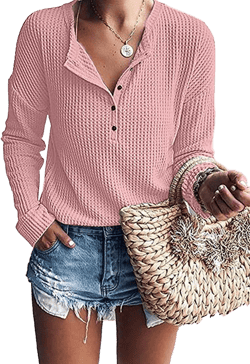 MOLERANI Womens Waffle Knit Tunic Tops Loose Long Sleeve Button Up V Neck Henley Shirts