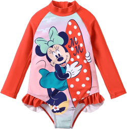Disney Princess Frozen Elsa Minnie Stitch One Piece Swimsuit Rashguard Bathing Suit UPF 50+Toddler Girl Long Sleeve Swimwear 6-7 Years Minnie Mouse-red