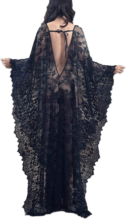 Swimsuit Cover Up Women plus size sheer see through sexy lace Kimono One Size Z-black