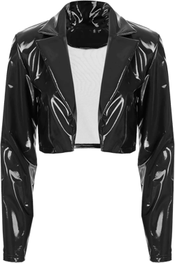 Women's Wetlook PVC Leather Lapel Cropped Jacket Biker Motorcycle Short Outerwear Coat 3X-Large Black