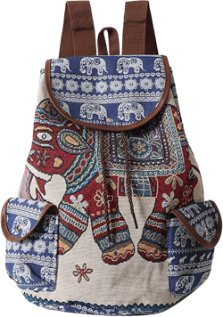Embroidery Backpack Purse for Women, Vintage Pattern Fashion Drawstring Flap Anti-theft Backpack Travel Cloth Bag(blue edge elephant) Blue Edge Elephant