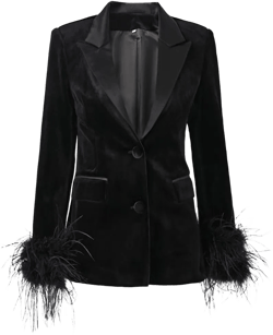 Generic Women Black Feather Patchwork Classic Fleece Single Breasted Blazer Large Black