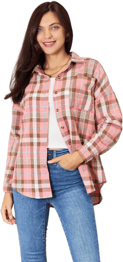 Plaid Collared Neck Long Sleeve Button-Up Shirt