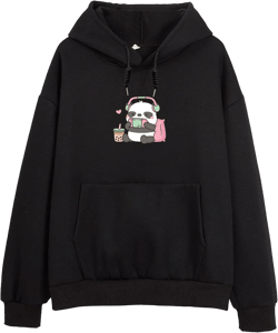 Cute Panda Graphic Oversized Hoodies for Teen Girls Kawaii Cartoon Sweatshirt Women Casual Cotton Fleece Pullover Medium Black