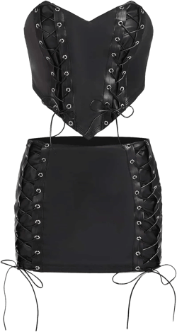 Verdusa Women's 2 Piece Outfits PU Leather Lace Up Asymmetrical Crop Tube Top and Mini Skirt Set Medium Black