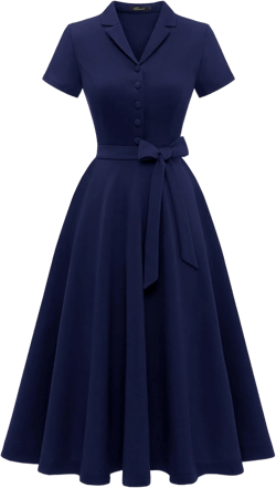 Wedtrend Women's Vintage Tea Dress, Short Sleeve Cocktail Party Dress Work Church Casual Dress Small Navy