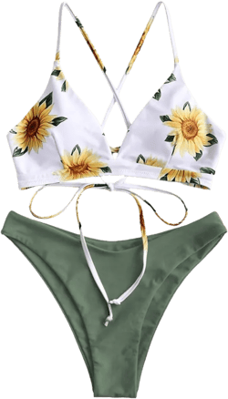 ZAFUL Women's Sexy Triangle Bikini Set Floral Print Spaghetti Strap 2 Piece Swimsuit Crisscross High Cut Bathing Suit Medium 3-green