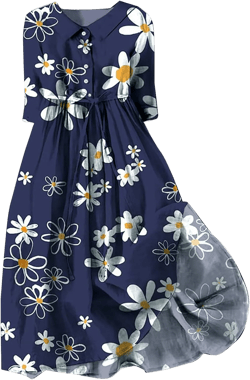 Womens Fashion Floral Print Swing Dress Summer Chiffon Dresses Short Sleeve Lapel Button Elegant A-Line Dress