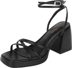 ISNOM Platform Heels for Women Comfortable Strappy Heels Short Block Chunky Sandals Ankle Strap Simple Summer Heeled Sandals Square Open Toe for Wedding Work Party Dressy Prom 10.5 Matteblack