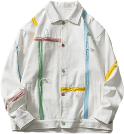 Men Hip Hop Color Block Denim Jackets with Drawstring Streetwear Retro Cotton Casual Jean Coat White L