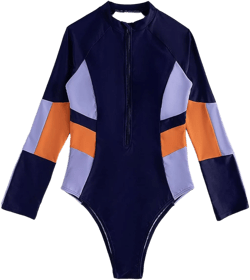 MakeMeChic Women's Color Block Long Sleeve Zip Front One Piece Swimsuit Bathing Suit Navy Blue M