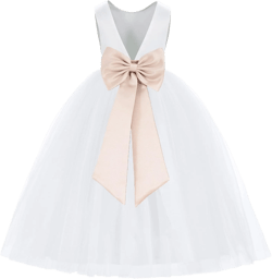 ekidsbridal White V-Back Satin Flower Girl Dress with Colored Sash Princess Gown 219T Medium White / Blush Pink