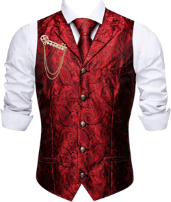 Barry.Wang Mens Paisley Formal Silk Jacquard Suit Vest Tailored Collar Waistcoat Tie Clip Set 5PCS Wedding Party Tuxedo A Red Black Medium