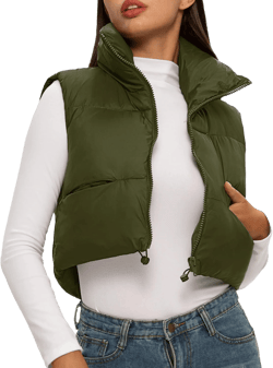 ELLEVEN Women's Cropped Puffer Vest with Pockets, High Stand Collar Crop Outerwear Lightweight Padded Gilet X-Small Army Green