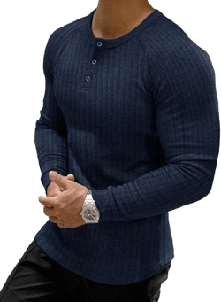 Muscle Cmdr Men's Ribbed Henley Shirt Short Sleeve Slim Fit Muscle Shirt Fitted Cotton Casual Long Sleeve Medium Navy Blue-long