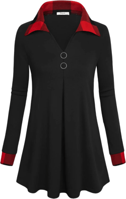 Bebonnie Womens Long Sleeve Casual Lapel V Neck Pullover Tunic Blouse Tops with Buttons Red Black XX-Large