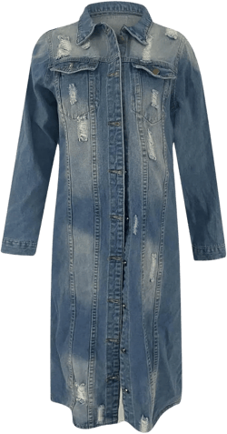 BORAMAX Women's Fashion Ripped Holes Maxi Long Denim Jacket Trench Coat Retro Blue Jackets Lapel Button Oversized Trench Coat Large Blue