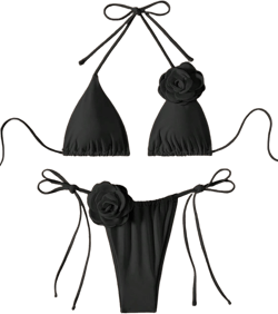 Women's Two Piece Bathing Suit Floral Appliques Halter Triangle Tie Side Thong Bikini Swimsuits Black S